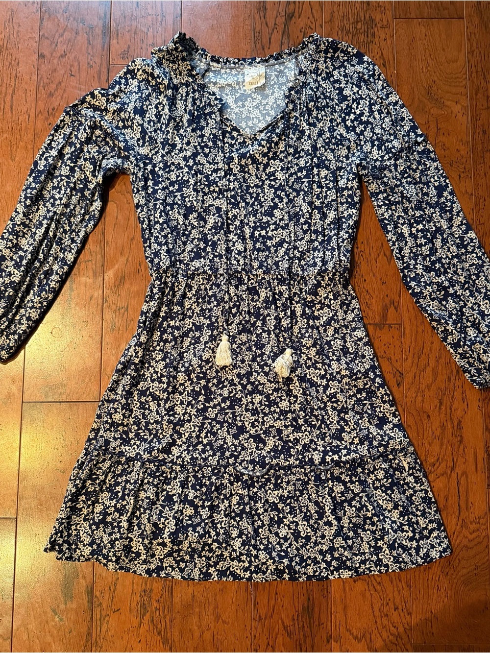 NAIF Navy and White Floral Long-Sleeve Dress Small